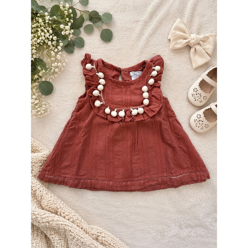 Tahari Baby 100% Cotton Ruffle Pom Pom Dress Terracotta 18M